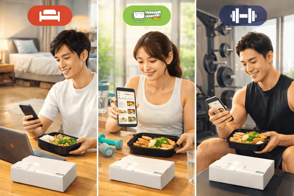 一人暮らし・ダイエット中・筋トレ中などタイプ別に筋肉食堂DELIを選ぶイメージ