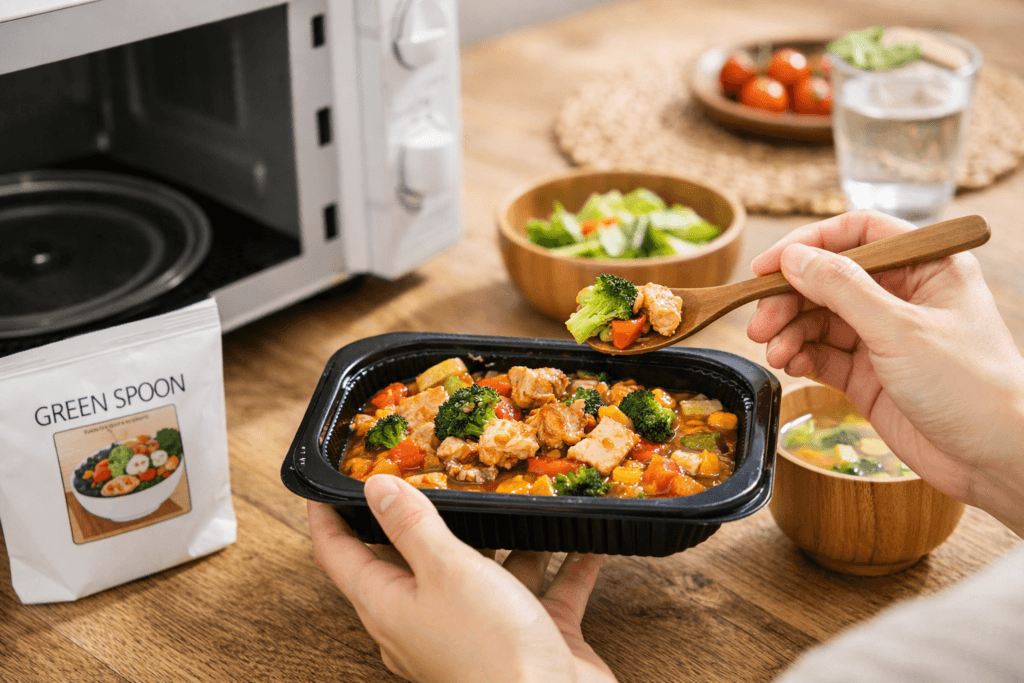 グリーンスプーンの野菜たっぷりおかずキットを電子レンジで手軽に食べるイメージ