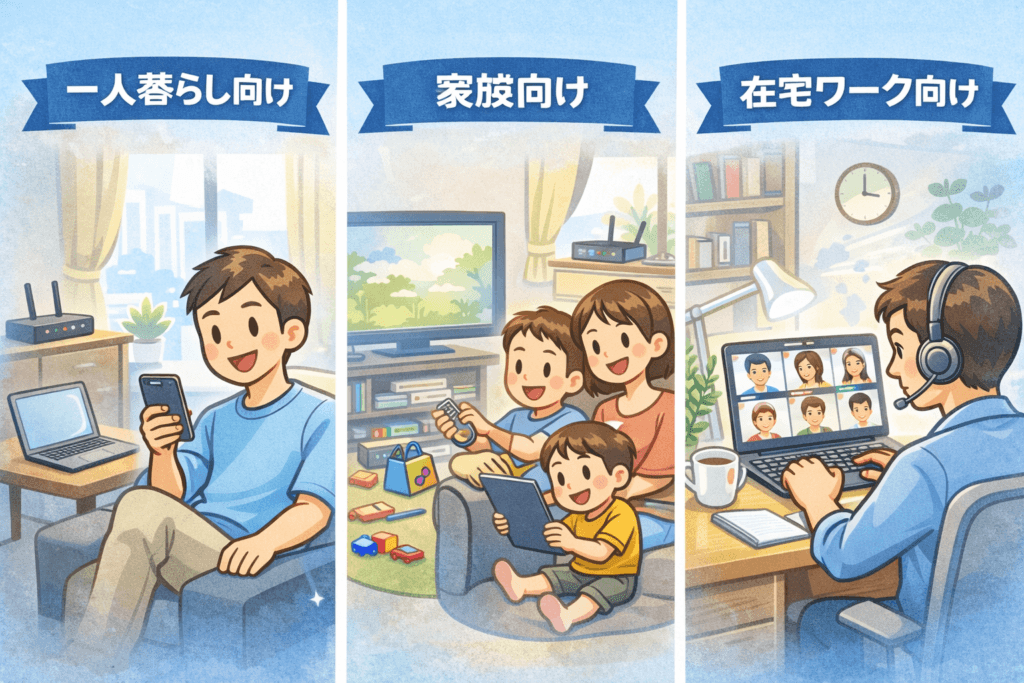 一人暮らし・ファミリー・在宅ワークの利用シーン画像