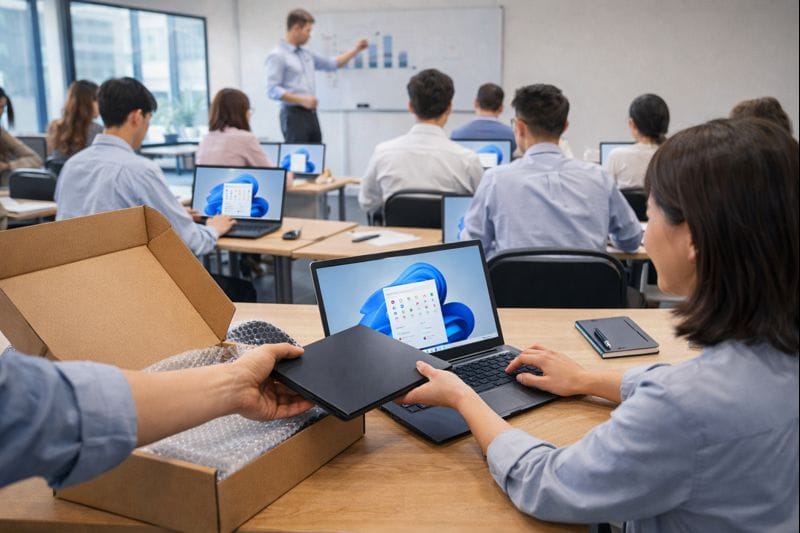 研修会場でノートパソコンを配布してすぐ作業を始めるシーン