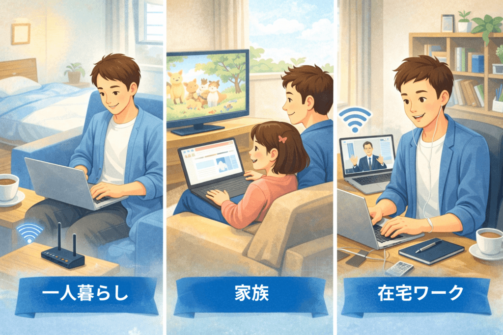 一人暮らし・家族・在宅ワークの利用シーン別イメージ