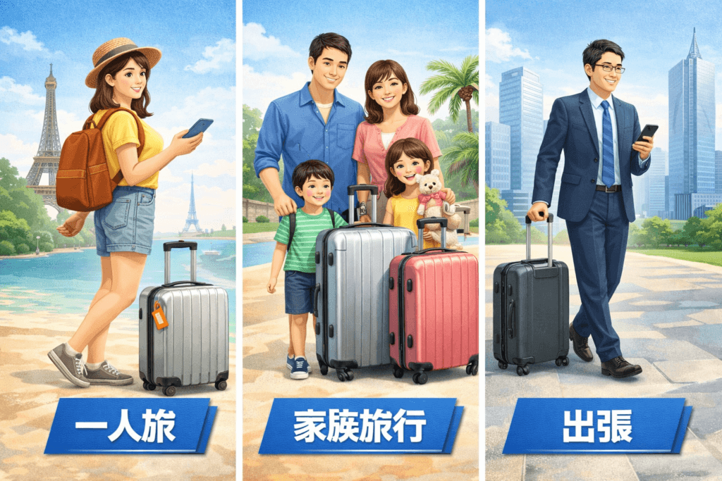 一人暮らしや家族旅行などタイプ別にスーツケースを選ぶイメージ