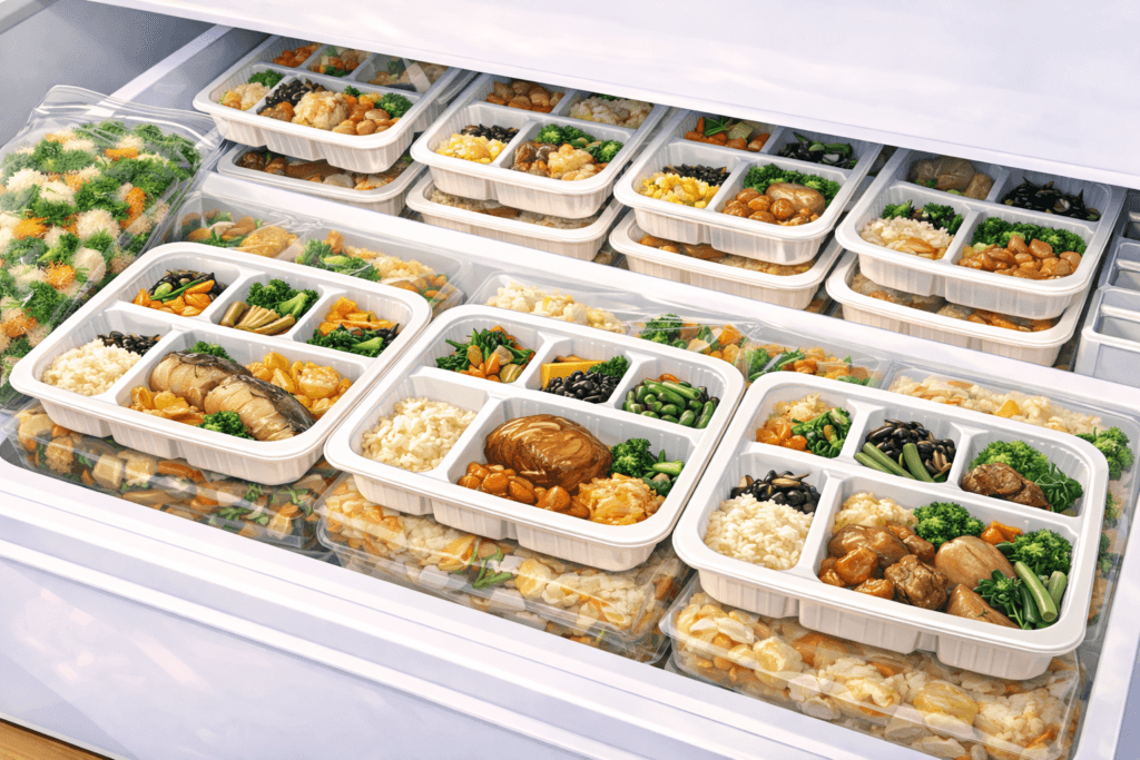 冷凍庫にストックされた気くばり御膳