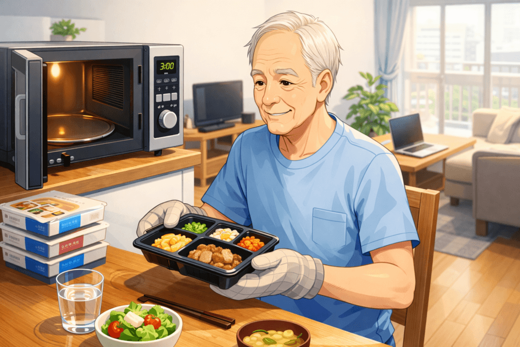 一人暮らしで健康管理のために冷凍宅配食を活用する様子