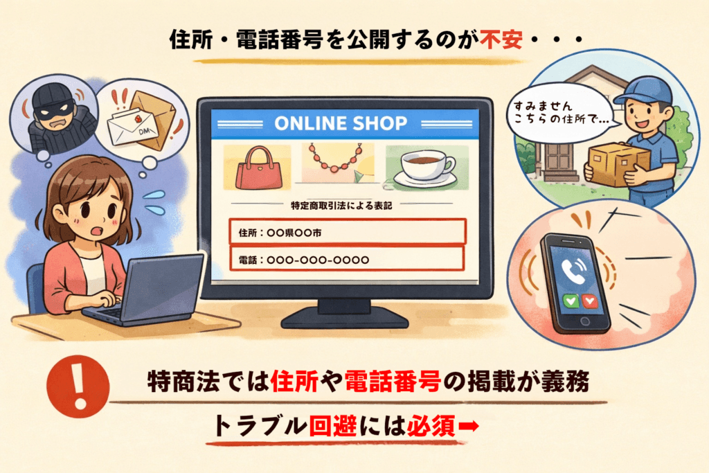 ネットショップの特商法表記で住所と電話番号を公開するイメージ図