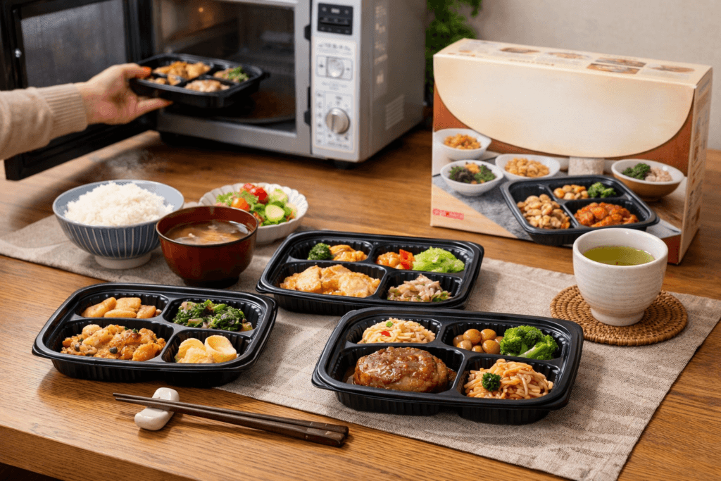 ベルーナグルメ ほほえみ御膳を電子レンジで温めて食べるイメージ