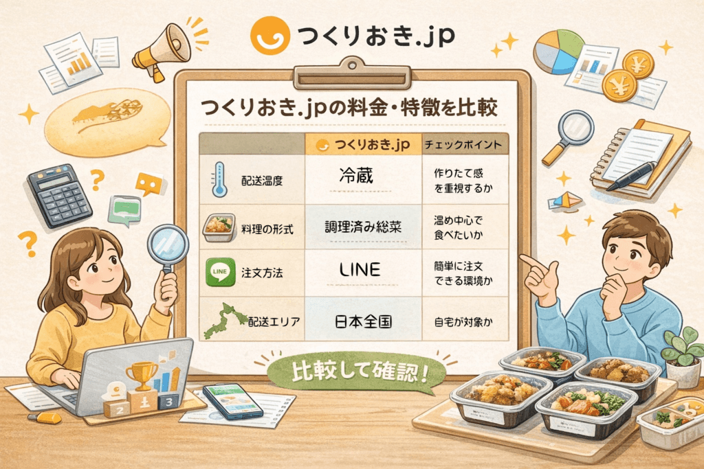 つくりおき.jpの料金や特徴を比較して確認するイメージ