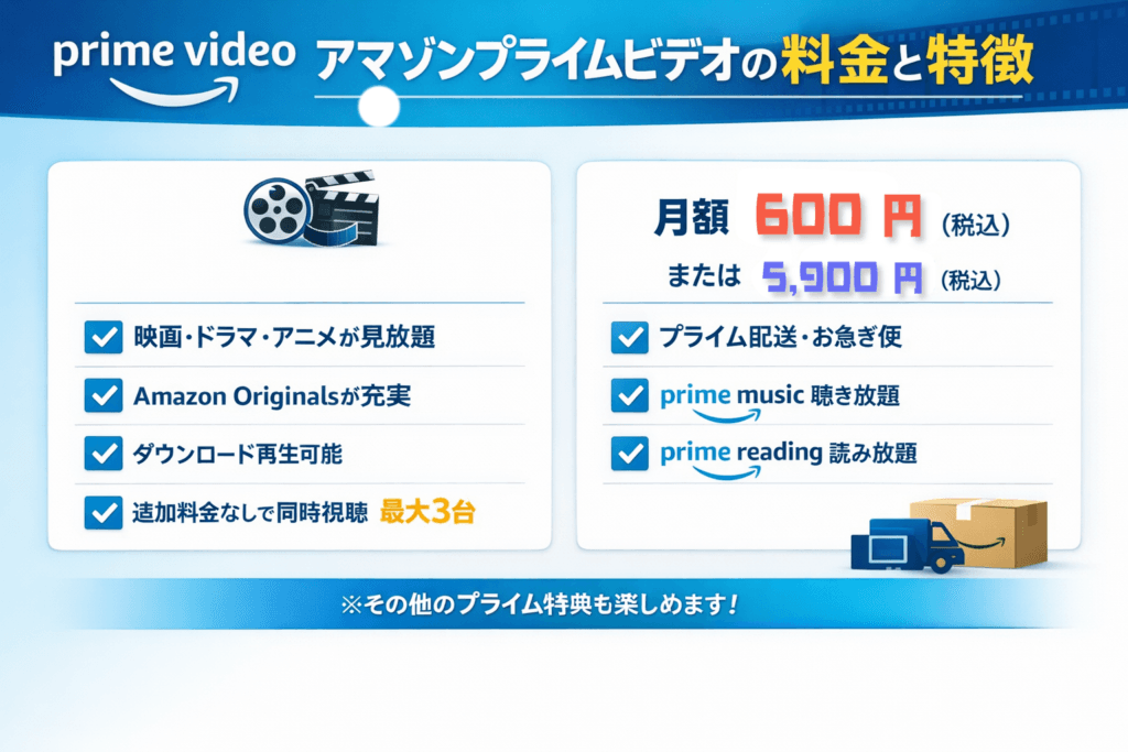 アマゾンプライムビデオの料金と特徴がひと目でわかるイメージ