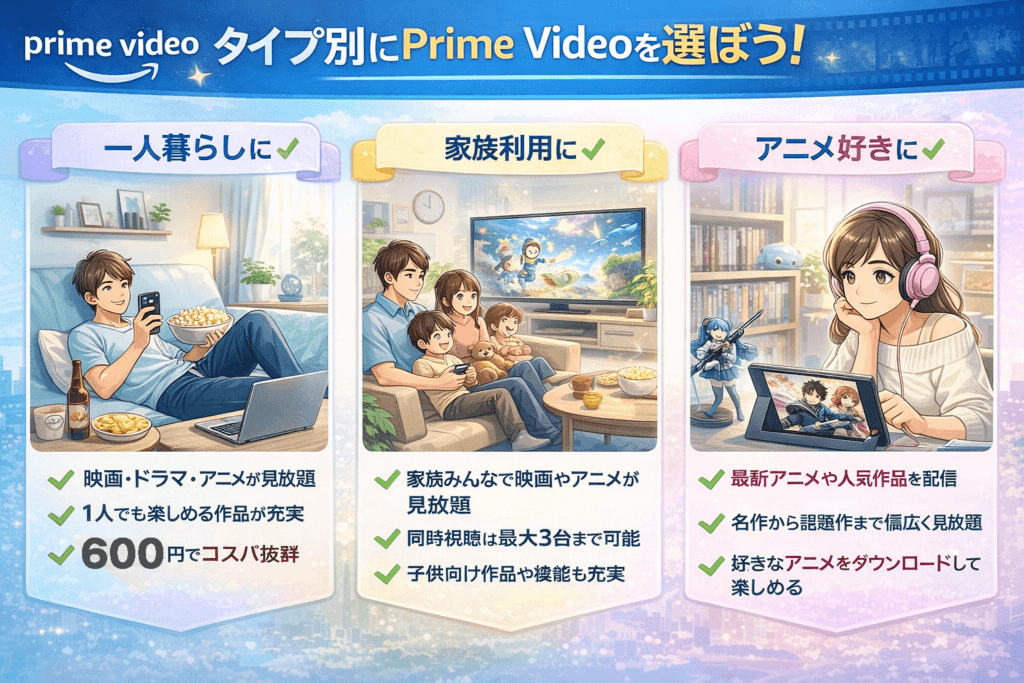 一人暮らしや家族利用などタイプ別にPrime Videoを選ぶイメージ
